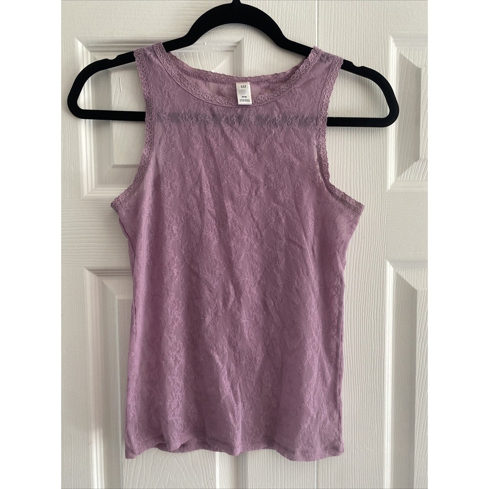Gap Body Floral Lace Tank Top Womens Size M Purple Sheer Scalloped Y2K Layering